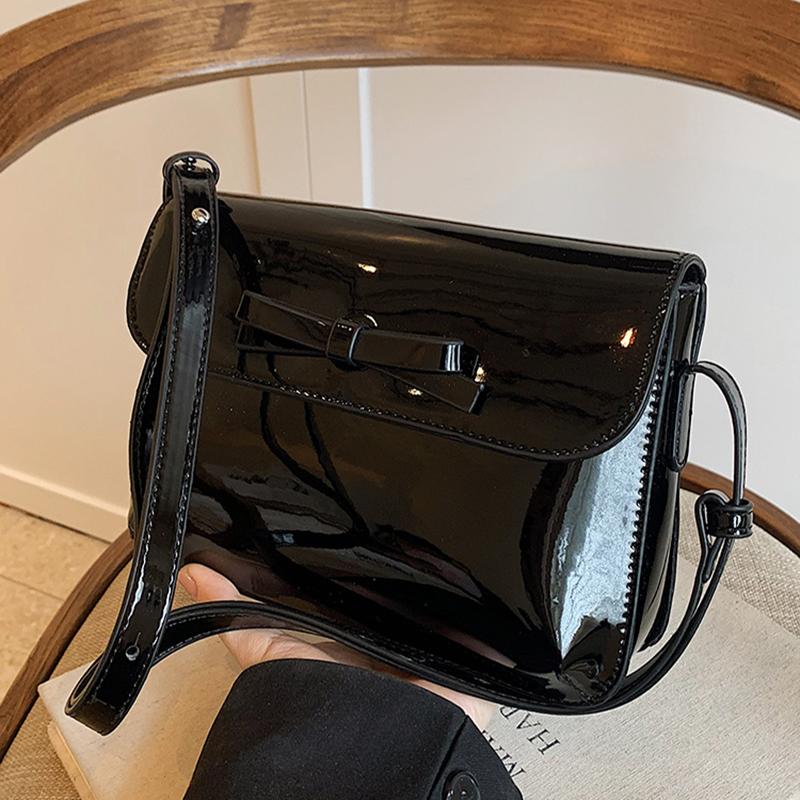 Patent Leather Red Crossbody Bags For Women  New Fashion Solid Bow Small Square Bag Simple Commuter One Shoulder Purses