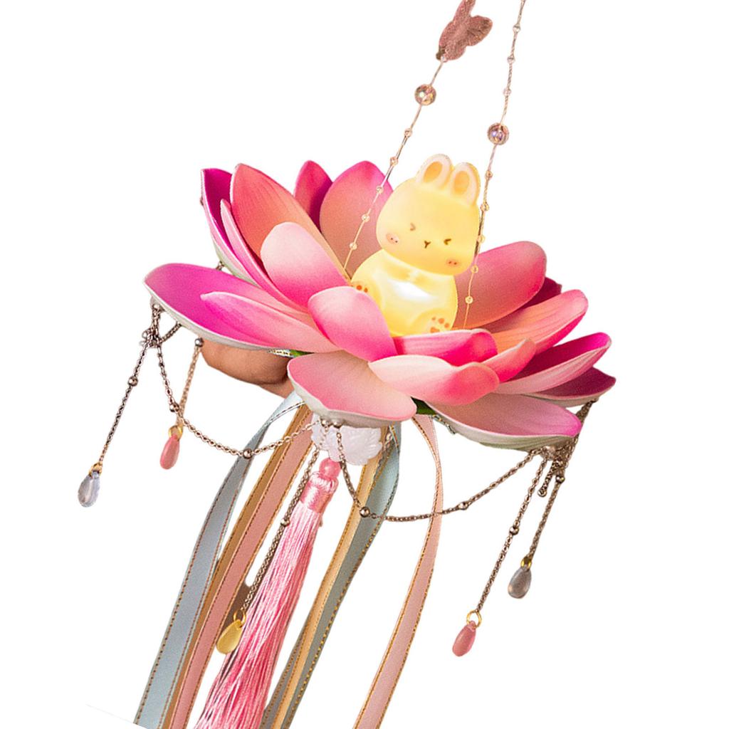 Elegant Festival Lotus Flower Lantern Functional Plastic Mid Autumn Lantern with Rabbits Easy to Use Candle Lights