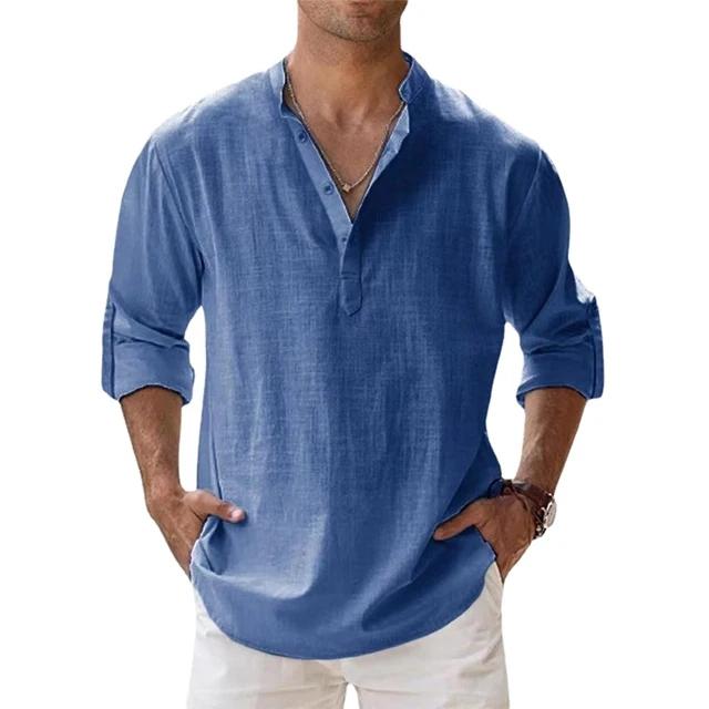 Men's Summer Large Size Casual Loose Stand Collar Solid Color Long Sleeve Shirt