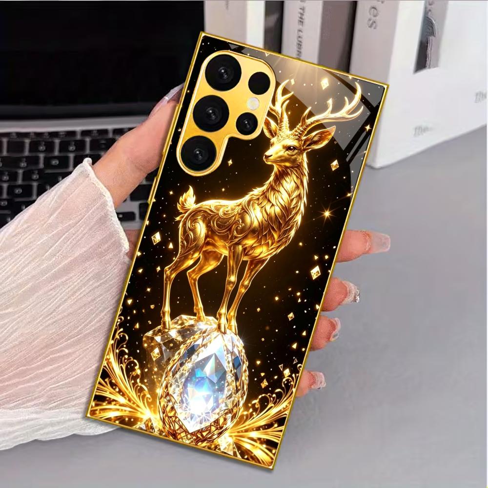Golden Deer with Crystal Print phone case glass s26 ultra case mobile phones for Samsung Galaxy S26 S25 S24 S23 S22FE Ultra Plus