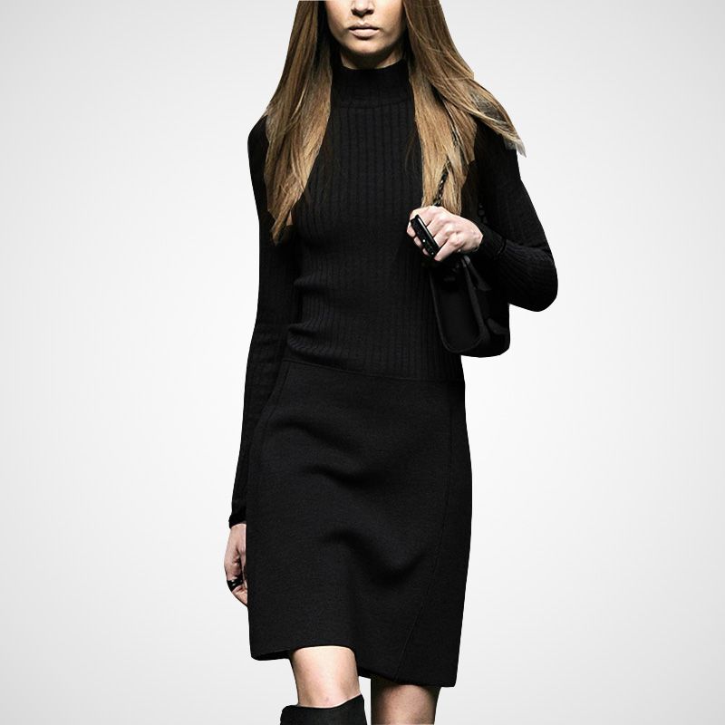 

Autumn and Winter Knitting Slim-Fit Turtleneck Sheath Bottom Dress Black S