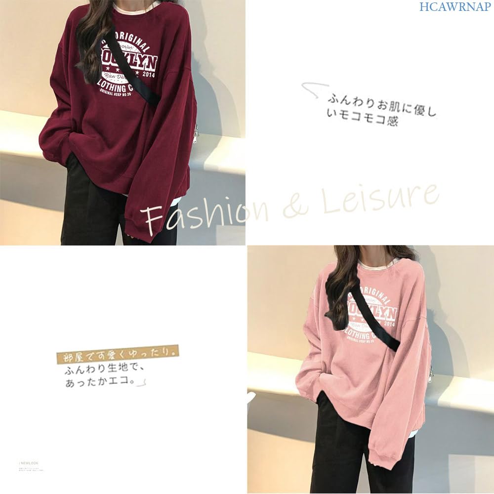 HCAWRNAP Pullover Sweatshirt with Alphabet and Logo Oversized Loose Long Korean HC34 Women's Print, Sweatshirt, Fit, Sleeves, Cute, Style, Stylish,