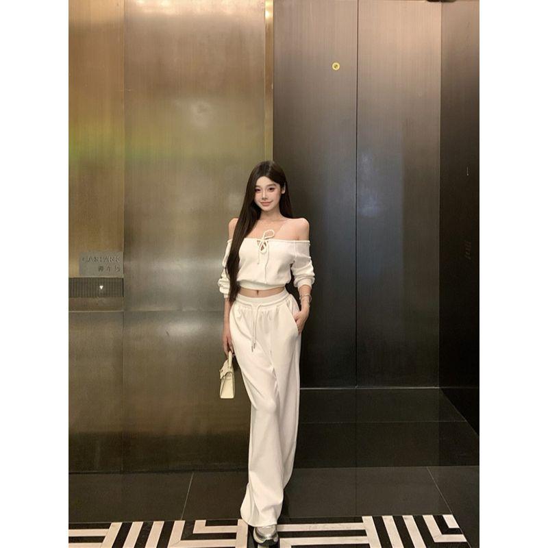 Kumikumi Elegant Outfit Short off-Shoulder Long Sleeves Sweatshirt Female Fall High Waist Drawstring Loose Pants Two-piece Set