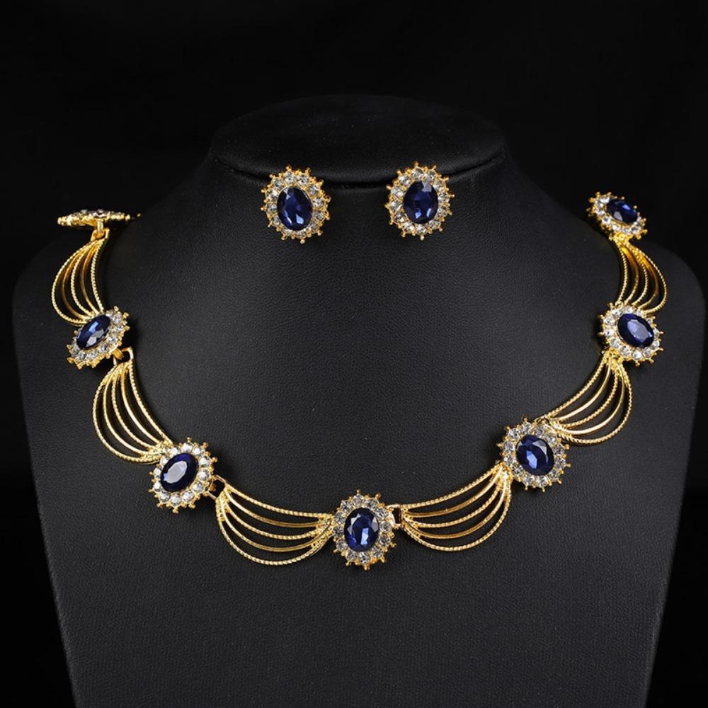 Gold-Tone Gemstone Necklace Set Geometric Statement Jewelry Set Earring Matching Set  Women