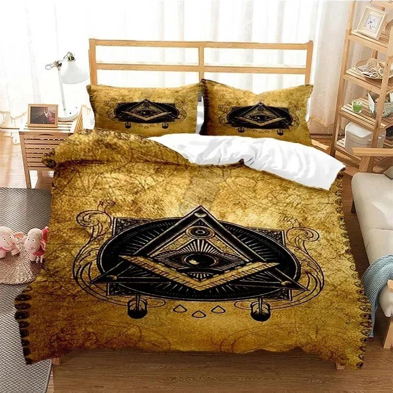 Masonic Freemason Illuminati  Bed Ensemble Boys Girls Twin Size Queen Dimension Size Bedspread Cover Pillowcase Bed Kids Adult