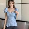 French small floral dress women's summer heart machine revealing collarbone square neck Platycodon waist sexy bubble sleeve short skirt