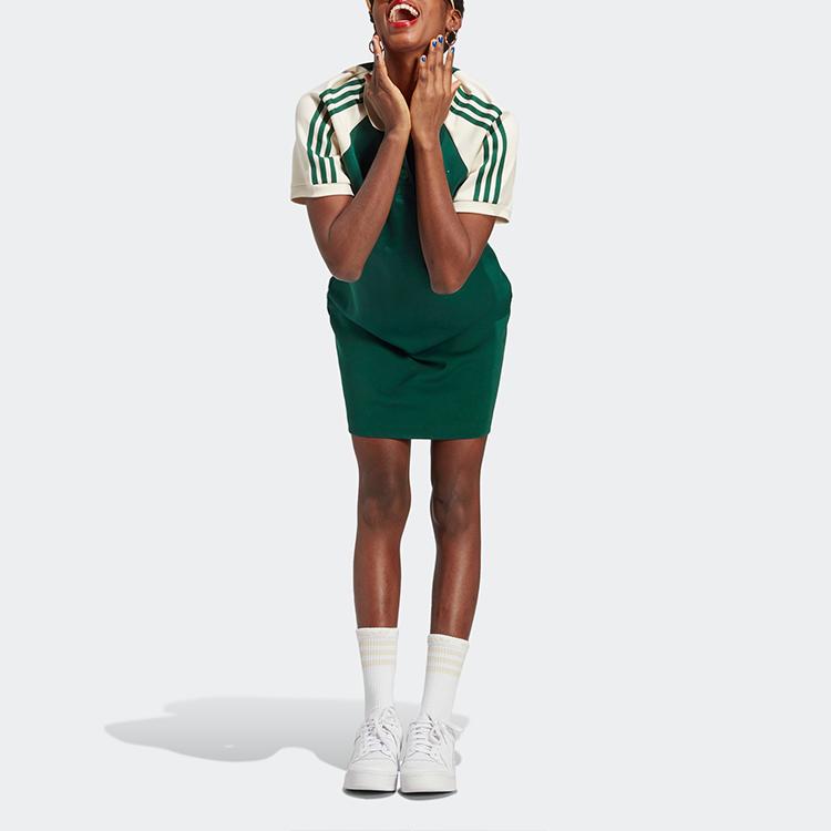 Adidas Originals Vintage American Striped Sport Polo Collar Short Sleeve Dress Women Dress Dark-Green IC5225