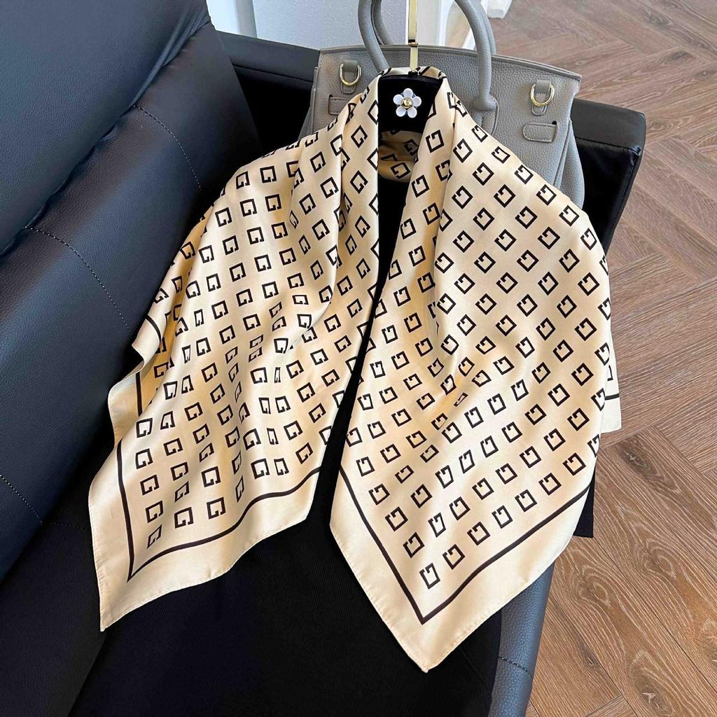 91Cm French Striped Large Square Scarf Women's Spring and Autumn Versatile Small Silk Scarf Stewardess Scarf White Scarf Foreign Style Shawl Women