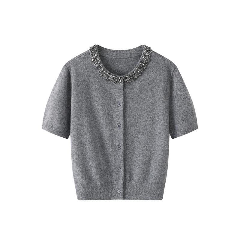 Design Sense Heavy Industry Nail Drilling Short Sleeve T-Shirt Summer New Soft Skin-friendly Skinny Bottom Shirt Knitted Sweater Top