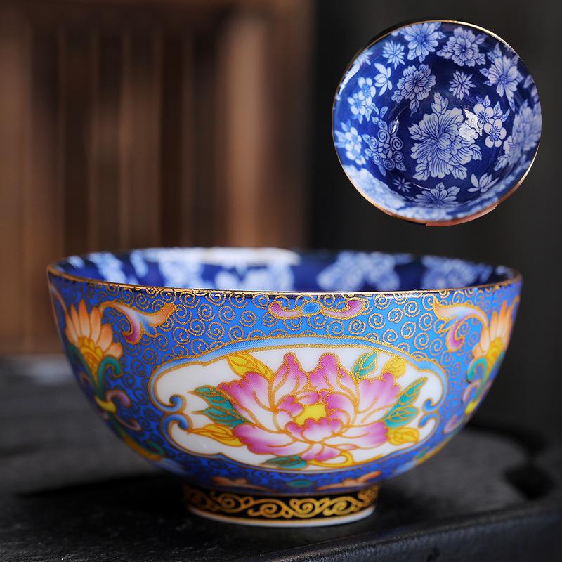 Ceramic Enamel Color Tasting Single Blue and White Douli Japanese Style Filigree Tea Bowl Kung Fu Master Cup Gift Bo