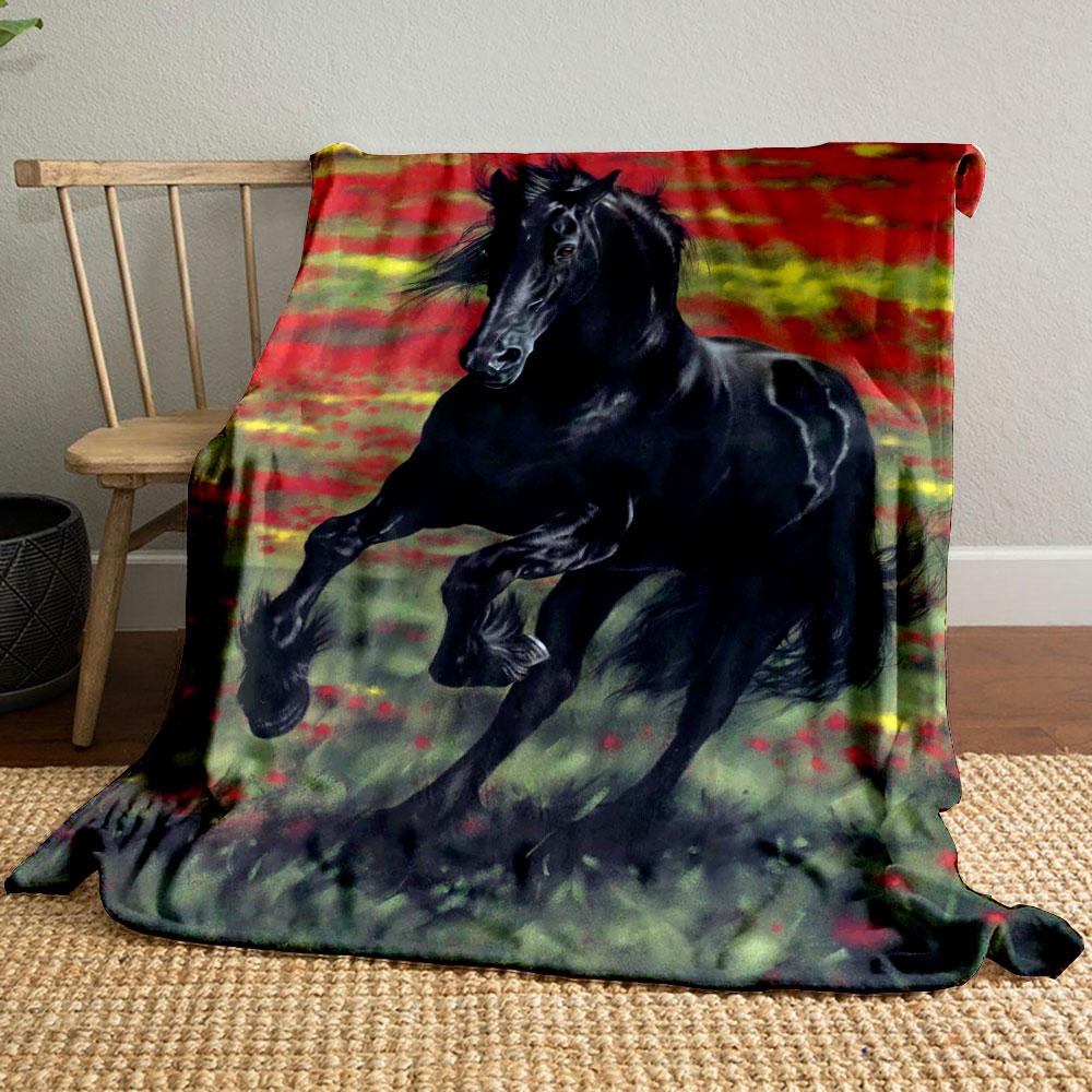 

Black Horse Galloping Floral Field Blanket bedroom Blanket for Livingroom Couch lunch break Soft throw for Friend s festival Gift 80cm x 120cm