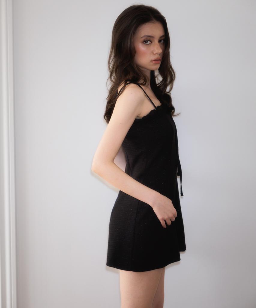 Rose Franz Tweed Ribbon Tie Mini Dress [Black]