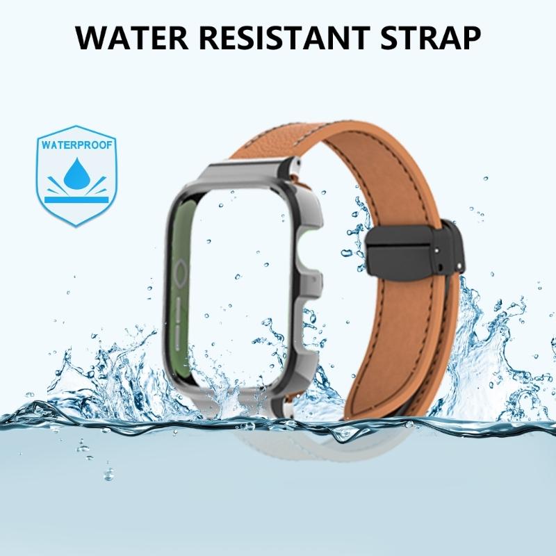 Leather Watch Band Replacement Band Lychee Texture Strap for Fit 3 Wristband Sweatproof Bracelet with Metal Frame