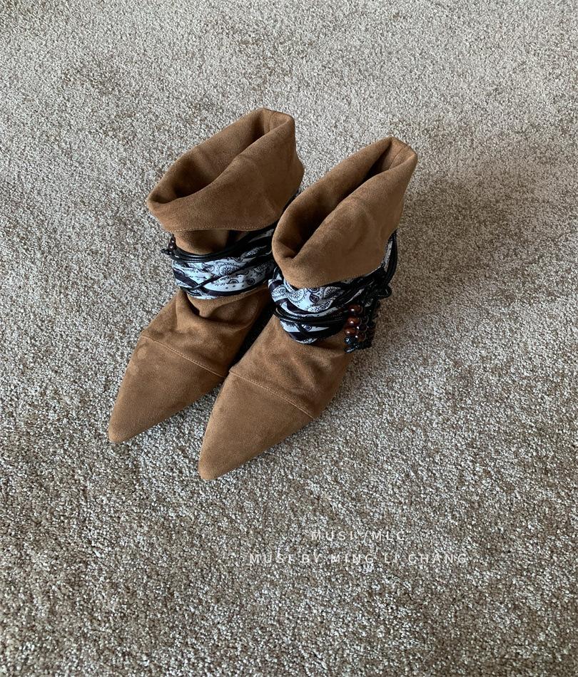 

European and American fashion short boots Western cowboy leather boots Black buckle high-top pointed leather shoes Women 39 абрикосовый