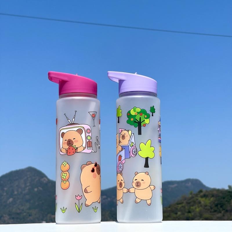 750ml Capybara Printed Water Bottle With Straw Sippy Cup Leakproof Plastic Water Bottles For Outdoor Sports Camping Drink Cup