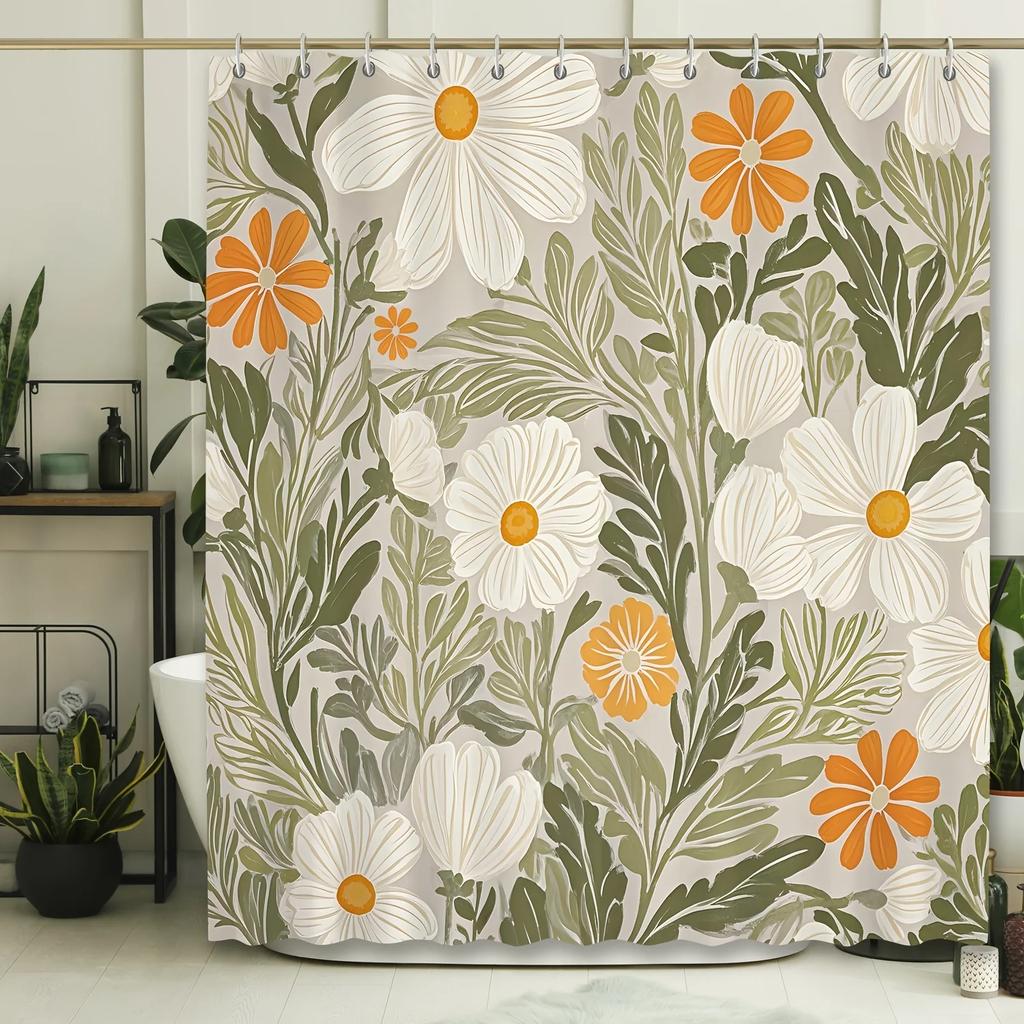 ~O~1pc Vintage Floral Shower Curtain - Water-Resistant Polyester, 12 Hooks, 71x71", Machine Washable, All-Season Pastoral Theme