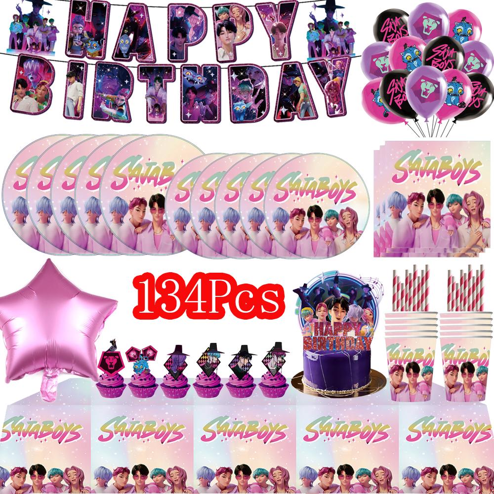 Kpop Demon Hunters Birthday Party Decor Korean  Anime Set Tableware Tablecloth Cup Balloon Cake Topper Baby Girl Favor Supplies