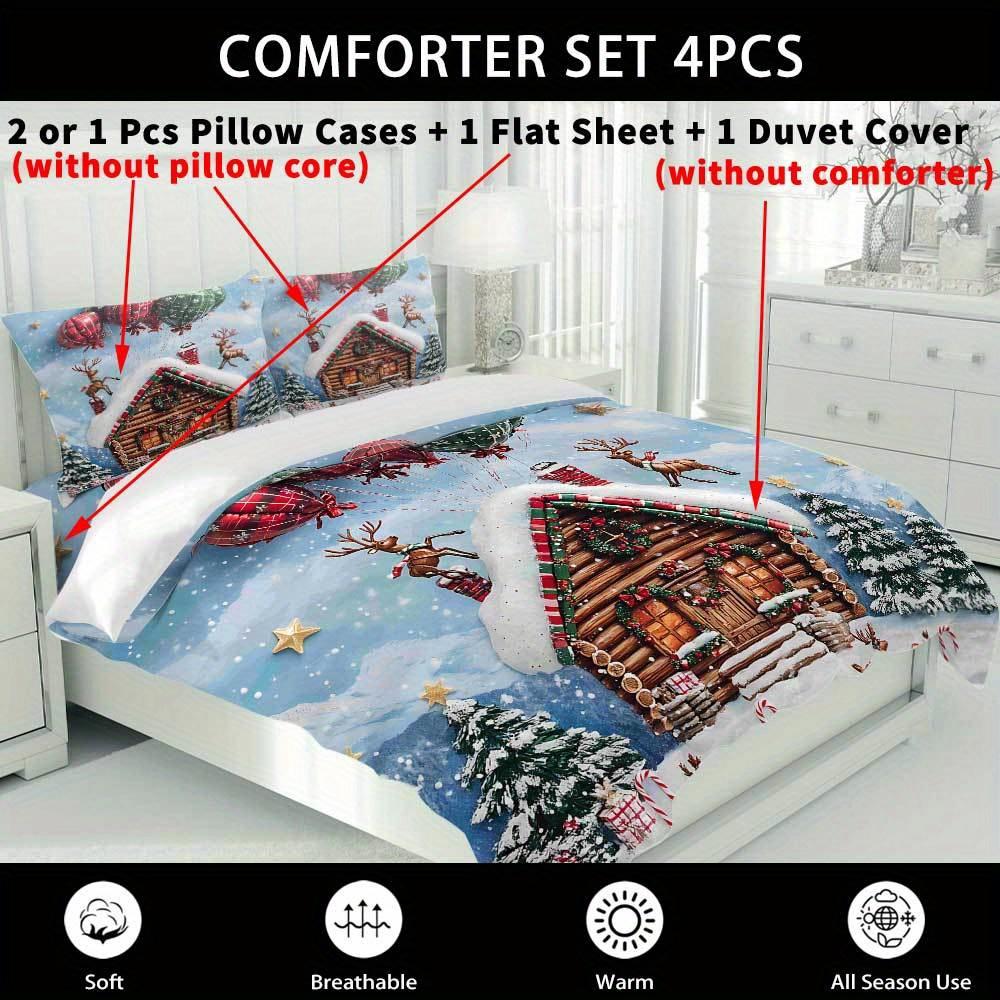 Lifesmells 3/4Pcs Christmas Cabin Balloon Deer Blue Duvet Cover Set Festive Winter Scene With Snowy Cabin Reindeer And Balloons