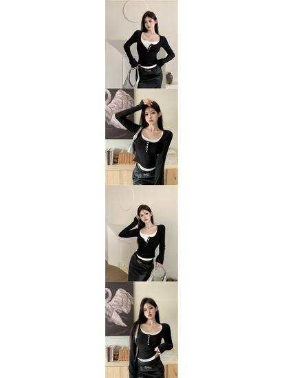 Square Neck Long-Sleeve Slim Fit T-Shirt for Women - Trendy Autumn Design