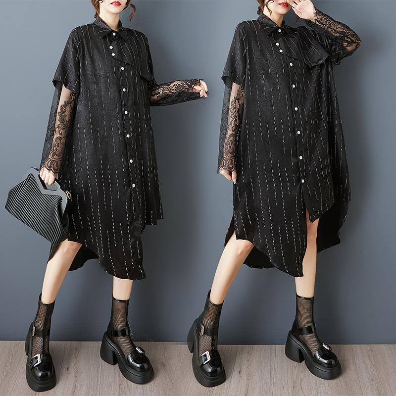 Dimanaf Plus Size Loose Dress Blouse Women 2025 Lace Stripe New Summer Style Black Shirt Dress