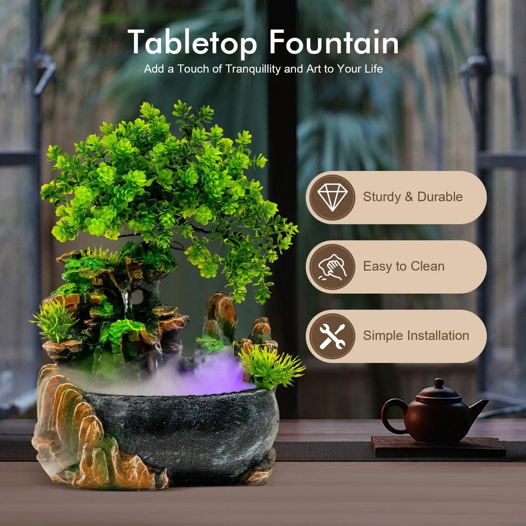 Indoor Tabletop Fountain Rockery Water Fountain with Mist Maker for Desk Living Room Office Decor Zen Home Decor