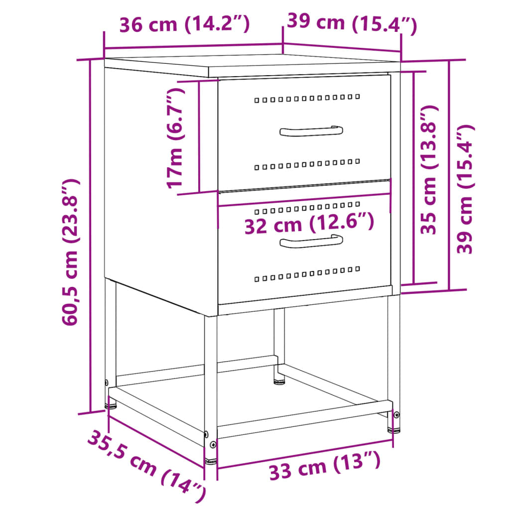 Nightstand Black 36 X 39 X 60.5 Cm Steel