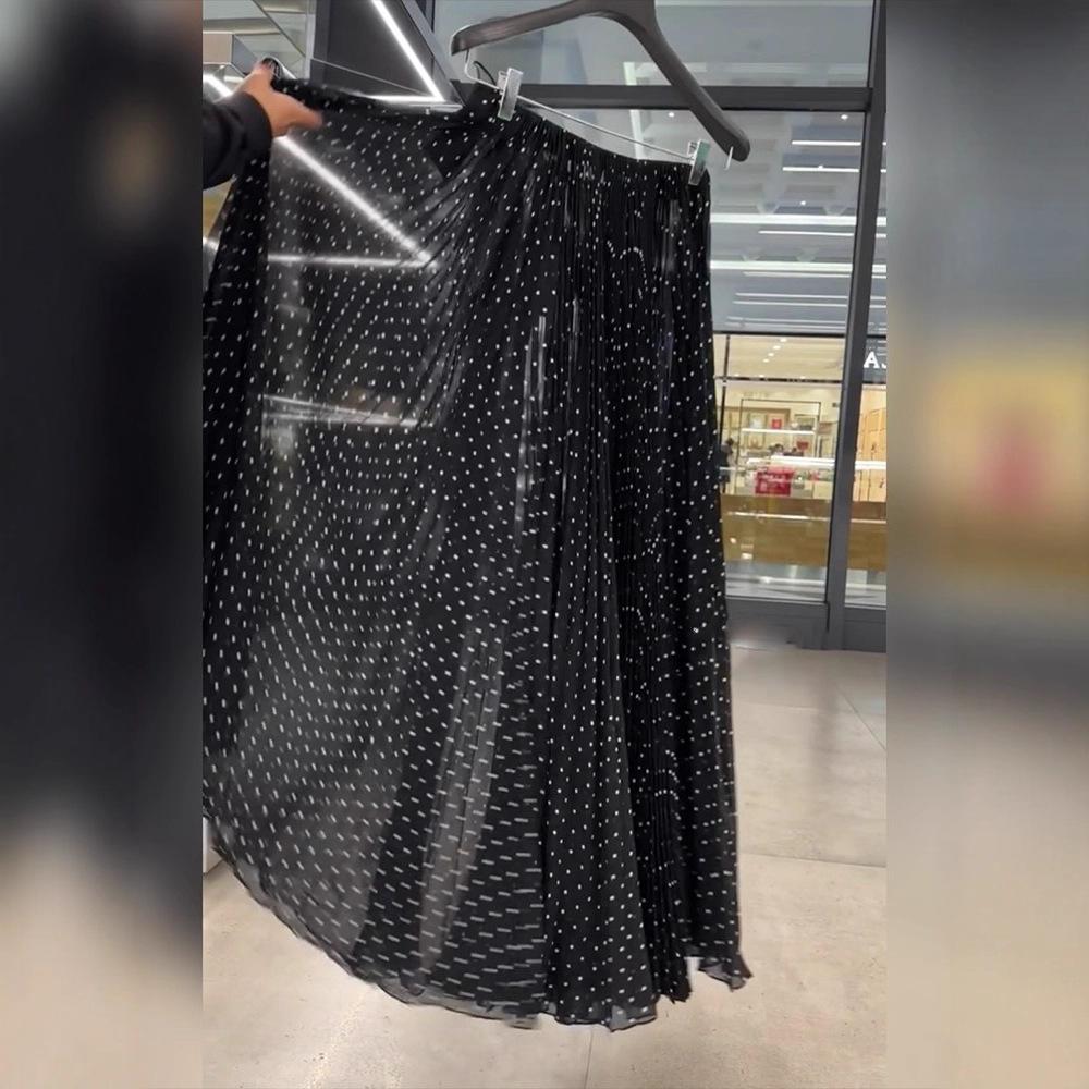 Black Polka Dot Skirt Women's Spring and Summer New High Waist Medium and Long Skirt Elastic Waist Thin Pleated Skirt Women