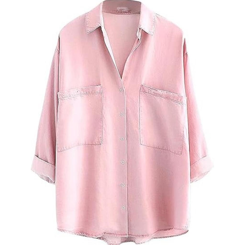 Women's Plus Size Loose Fit Denim Shirt with 3/4 Sleeves and Double Pockets Casual Everyday Top