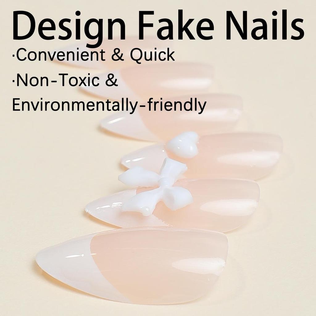 European & American Valentine's Almond Shape False Nails - Bow Design