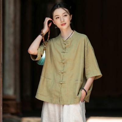 Camicie Vintage da Donna Stile Cinese Collo Alto Manica a Tre Quarti Tinta Unita Autunno Bottoni Ricamo Camicie Ample
