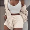 Women's Loose Fit Three Piece Loungewear Long Sleeve Fuzzy Cardigan V Neck Tank Drawstring Waist Shorts Winter Solid Tracksuit