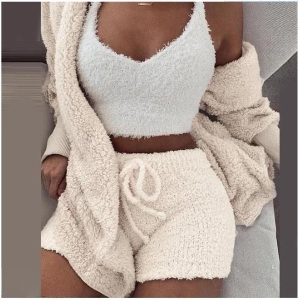 Women's Loose Fit Three Piece Loungewear Long Sleeve Fuzzy Cardigan V Neck Tank Drawstring Waist Shorts Winter Solid Tracksuit