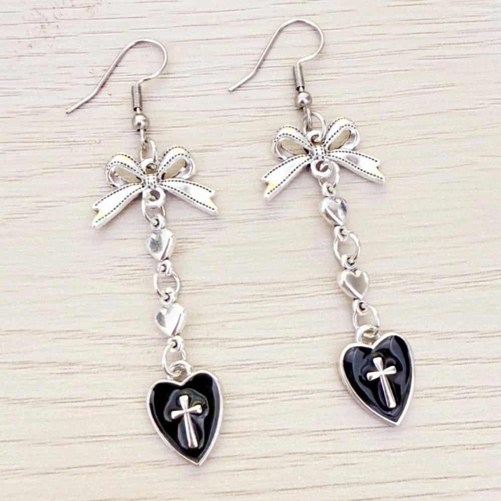 Gothic Charm Stainless Steel Silver Color Bowknot Relief Cross Red Glazed Heart-shaped Pendant Dangle Earrings for Women Jewelry