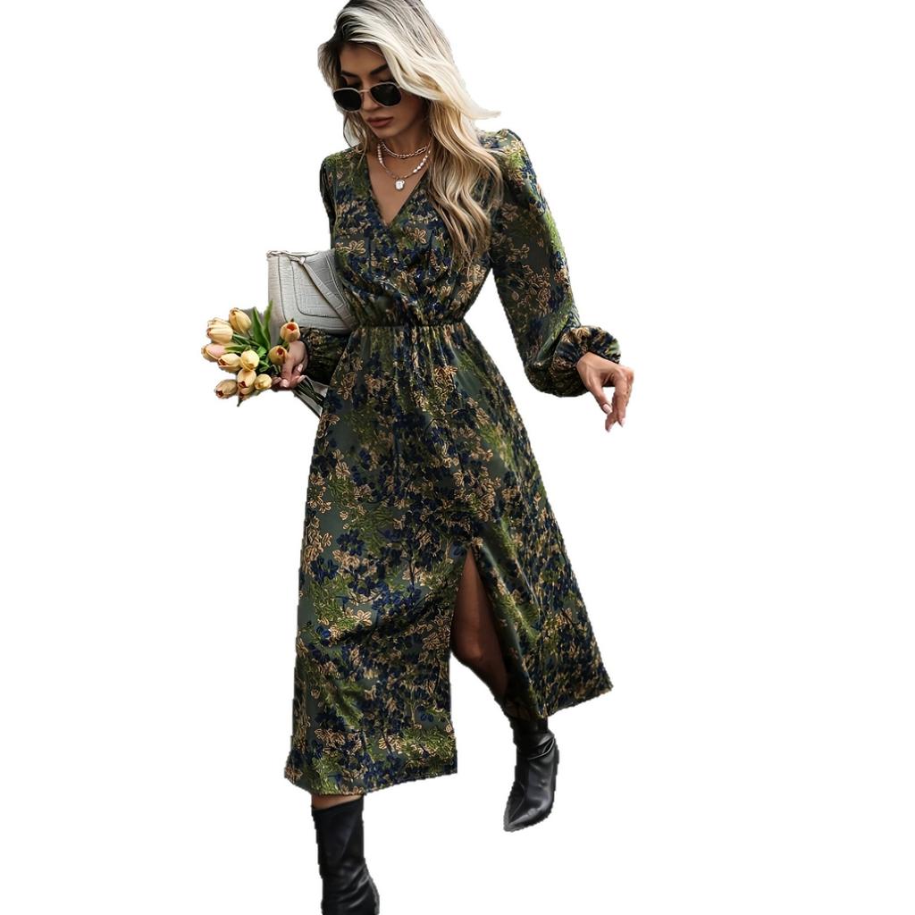 Autumn Floral Print Women's Dress V-Neck Waist Split Long Sleeve Skinny Medium and Long Skirt
