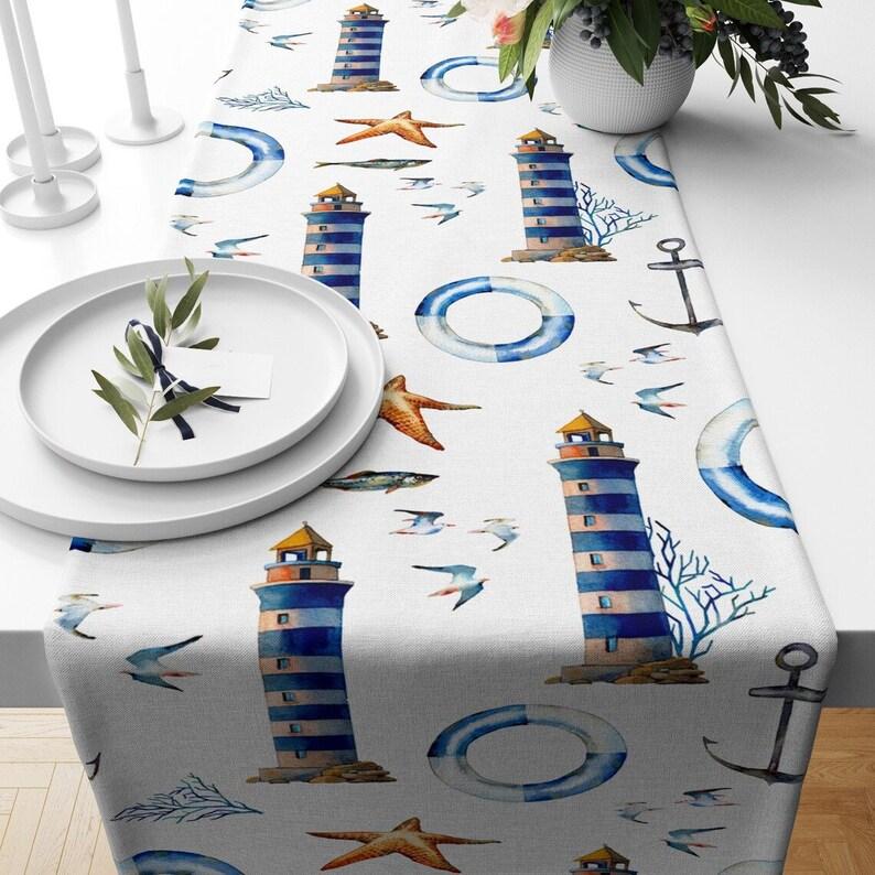 Starfish Table Runner, Lighthouse Runner, Anchor Table Runner, Sea Table Cover, Nautical Dining Runner, Rectangle Tablecloth, Red Blue Runner