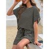 Women 2 Piece Casual Set, Striped Short Sleeve T-shirt and Drawstring Shorts, Fashion Daily Matching Outfit