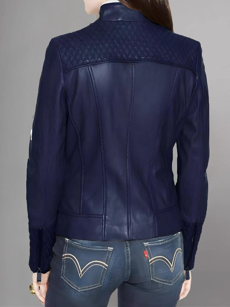 Stylish Blue Handmade Genuine Lambskin Leather Women's Jacket Biker Motorcycle