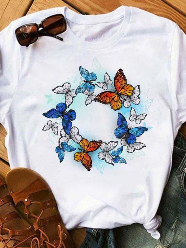

Maycaur Women T Shirt Cute Butterfly Flower Cartoon Graphic Fashion T Shirts Short Sleeve Black Top Tees Korean Tshirt Drop Ship S