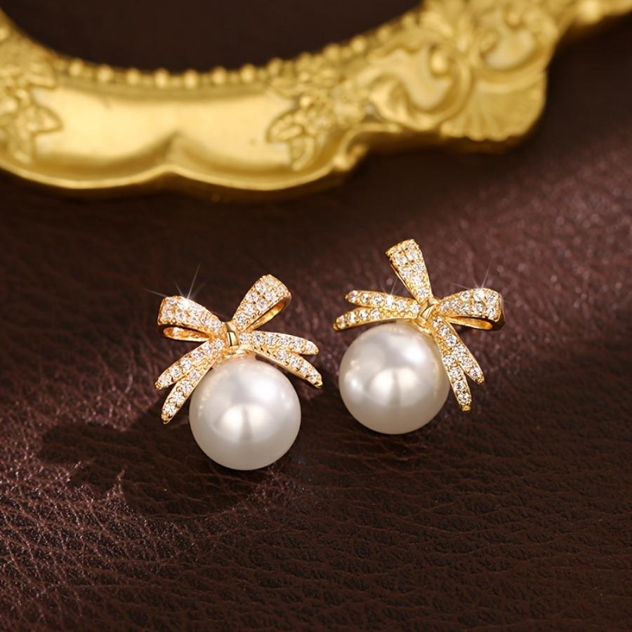 Chic And Shiny Faux Pearl Bow Earrings for Women - Luxury Jewelry for Weddings, Parties, Everyday Outings, Vacations, Valentine's Day, Anniversaries