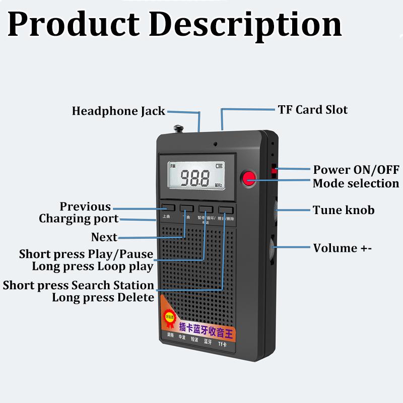 Mini radio portabile Receptor FM/AM/SW de buzunar Difuzor stereo Bluetooth TF/Set cu cască Player MP3 cu afișaj LCD Suport mâini libere