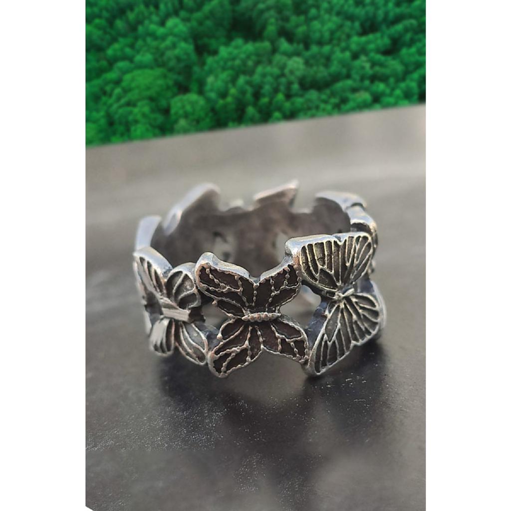 Minimal Butterfly Adjustable Tumbled Silver Plated Ring