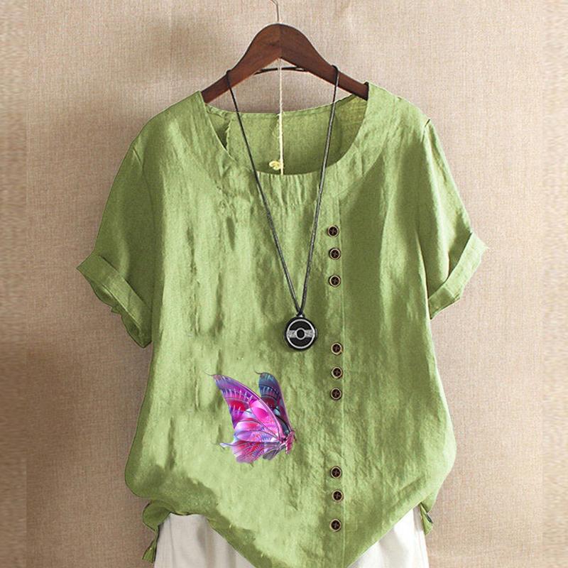 

Женская модная футболка с коротким рукавом и круглым вырезом, повседневная хлопковая льняная рубашка с рисунком, свободная фиолетовая летняя блузка с принтом бабочек, топы для отдыха 5XL зелёный