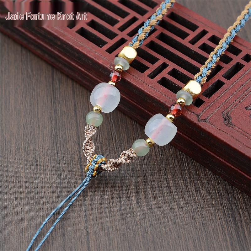Four-Strand Braided Necklace Lanyard with Jadeite, White Agate, and Dongling Jade Pendant