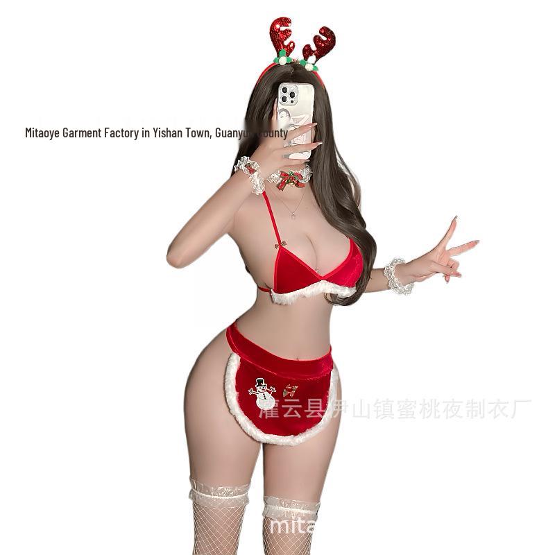 Sexy Christmas Lingerie: Three-Piece Snowman Bikini with Lace-Up Apron & New Year Pajamas