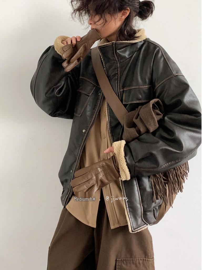 Unisex Japanese Retro Lambswool Leather Jacket for Autumn and Winter