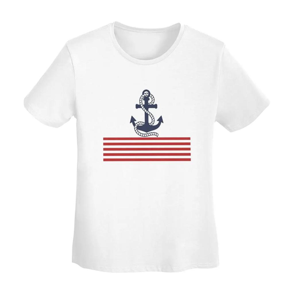 Nautisches Rot-Weiß-Gestreiftes T-Shirt mit Dunkelblauem Anker für Damen, Kurzarm, Rundhalsausschnitt, Kleidung, T-Shirts, Streetwear