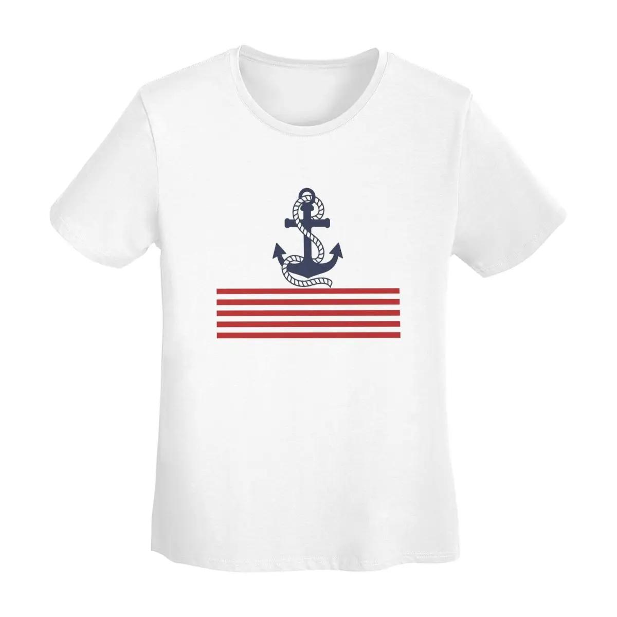Nautical Red And White Stripes With A Navy Blue Anchor TShirt Women Short Sleeve T Shirts Round Neck Clothes Tees Streetwear S