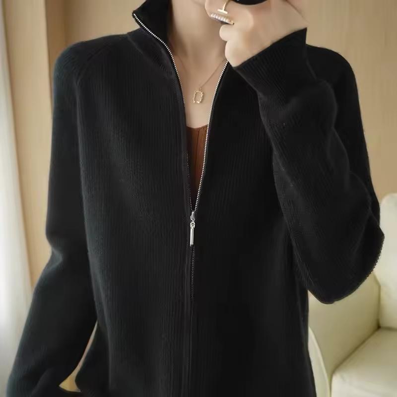 Autumn and Winter Solid Color Zipper Jacket Knitted Sweater Cardigan Women's Standing High Neck Loose Slimming Knitted Sweater Spring