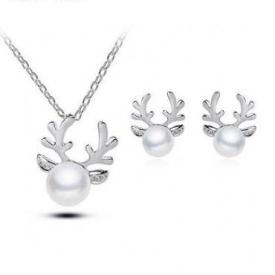 C128 New Hot Style Diamond-Encrusted Pearl Deer Antler Necklace Jewelry Christmas Earring Set Necklace Necklace gold