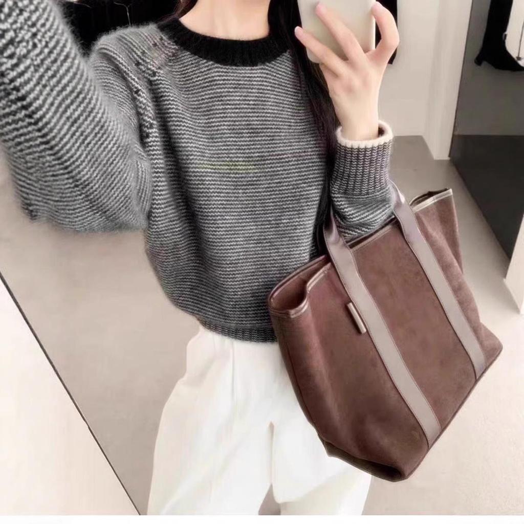 Korean Retro Striped Raglan Sleeve Knit Sweater - Women's Autumn/Winter Loose Slimming Round Neck Pullover